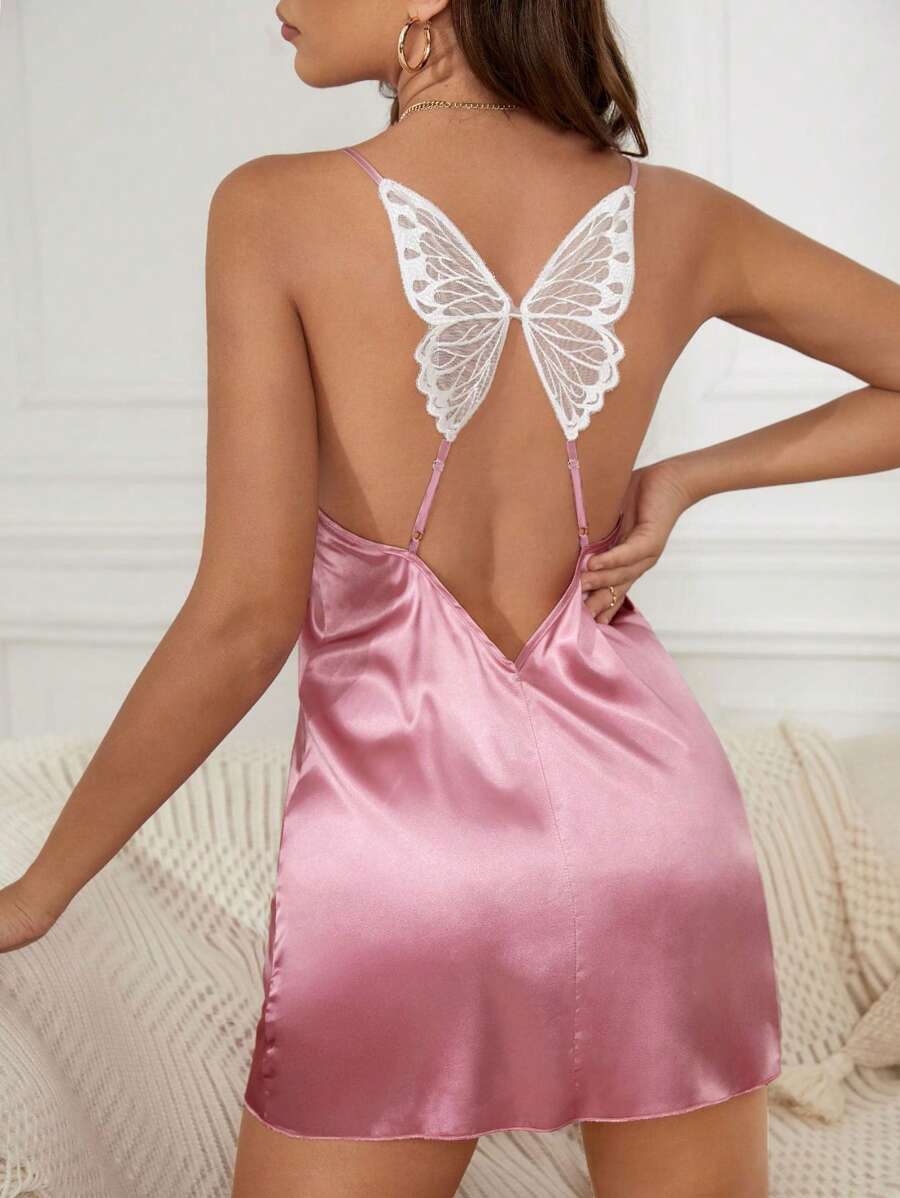 蝴蝶貼花露背緞面吊帶睡裙 - 淺粉色 - 查看 1