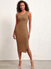 SHEIN BASICS Vestido De Punto De Canalé Con Cuerpo Ajustado Y Abertura Lateral En El Muslo - Marrón Mocha - Ver 1