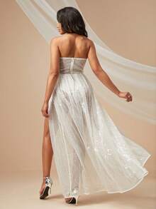 Split Thigh Lace Tube Glitter Dress - White - View 2