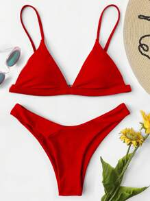 Swim Basics 2-Piece Solid Color Bikini, Minimalist Style, For Beach & Vacation Summer - Red - View 3
