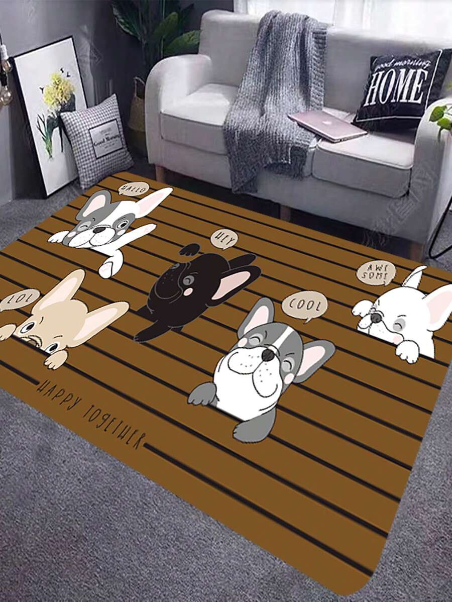 1pc Cartoon Dog & Striped Pattern Rug, Cute Mocha Brown Polyester Floor Mat, For Living Room, Bedroom - Mocha Brown - View 1