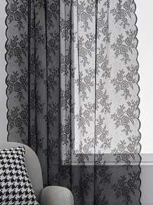 花卉刺繡扇貝裝飾單面板透明窗簾現代滌綸濾光隱私透明窗簾適用於客廳和臥室 - 黑色 - 查看 5