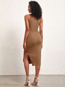 SHEIN BASICS Vestido De Punto De Canalé Con Cuerpo Ajustado Y Abertura Lateral En El Muslo - Marrón Mocha - Ver 2