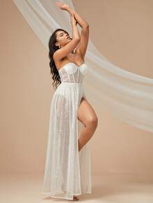 Split Thigh Lace Tube Glitter Dress - White - View 4