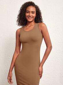 SHEIN BASICS Vestido De Punto De Canalé Con Cuerpo Ajustado Y Abertura Lateral En El Muslo - Marrón Mocha - Ver 3