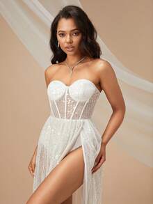 Split Thigh Lace Tube Glitter Dress - White - View 6