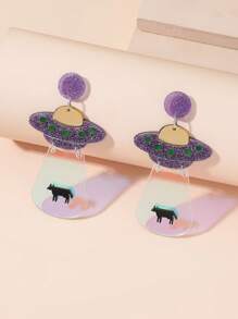 2pcs UFO & Spaceship Drop Earrings - Purple - View 1