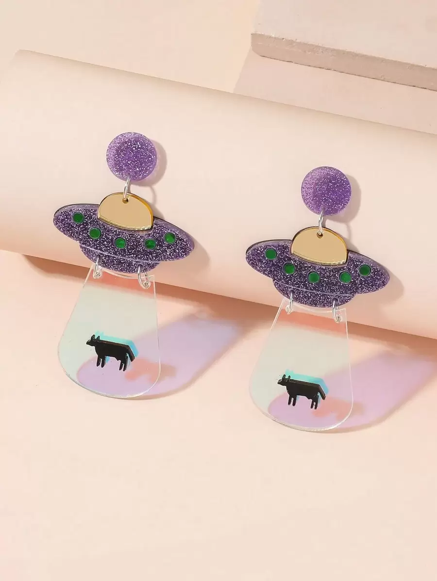 2pcs UFO & Spaceship Drop Earrings - Purple - View 1