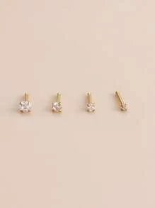 4pcs/set Stainless Steel Rhinestone Flower Decor Nose Stud For Women & Girls - Yellow Gold - View 1