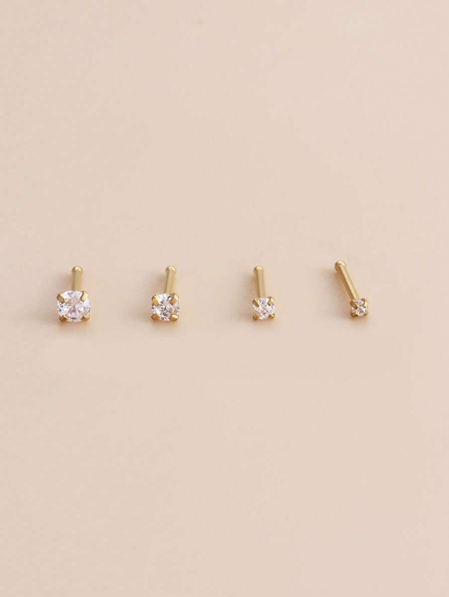 4pcs/set Stainless Steel Rhinestone Flower Decor Nose Stud For Women & Girls - Yellow Gold - View 1