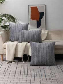 1入組條紋圖案深灰色流蘇裝飾靠墊套無填充物現代彈力家用抱枕套