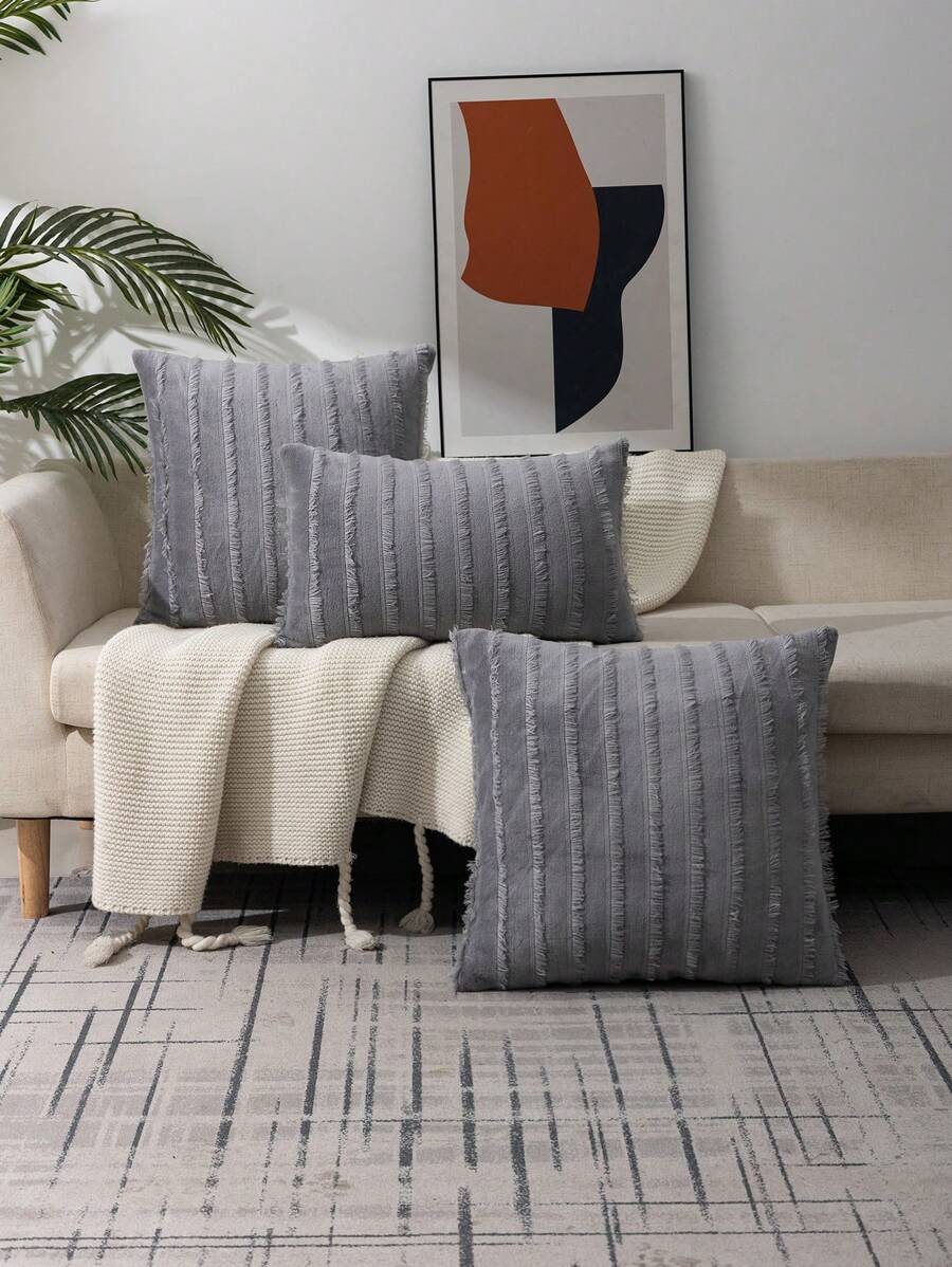 1入組條紋圖案深灰色流蘇裝飾靠墊套無填充物現代彈力家用抱枕套