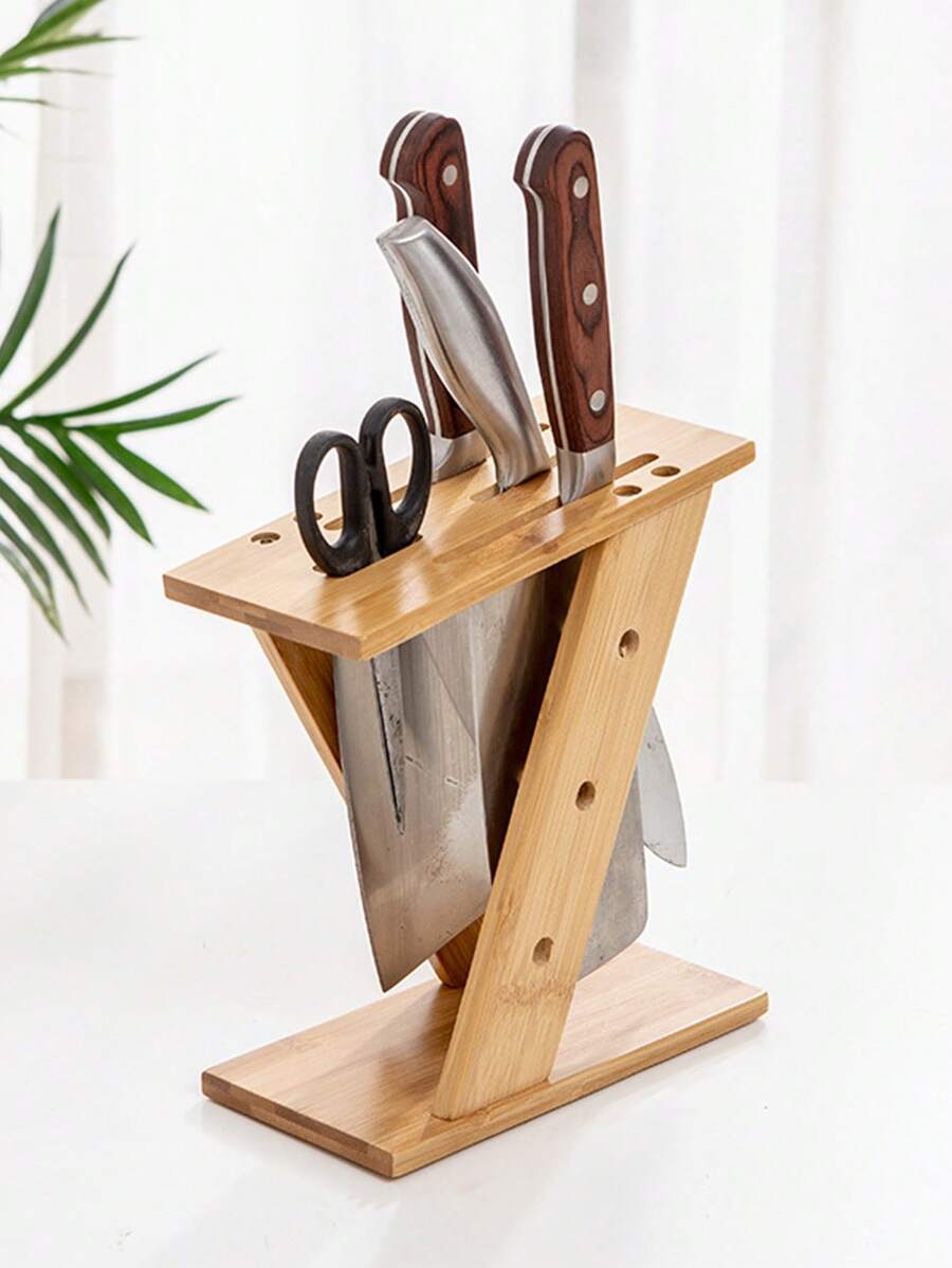 1pc Yellow Bamboo Knife Holder, Multifunction Knife Rack For Home - Yellow - View 1