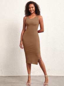 SHEIN BASICS Vestido De Punto De Canalé Con Cuerpo Ajustado Y Abertura Lateral En El Muslo - Marrón Mocha - Ver 5