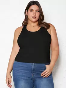 SHEIN BASICS Camiseta De Tirantes Sólida De Talla Grande Con Estilo Deportivo - Negro - Ver 1