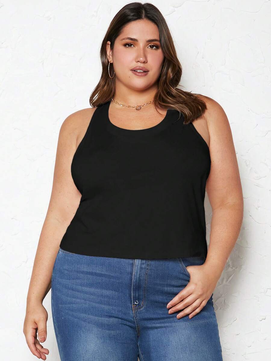 SHEIN BASICS Camiseta De Tirantes Sólida De Talla Grande Con Estilo Deportivo - Negro - Ver 1