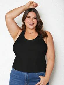 SHEIN BASICS Camiseta De Tirantes Sólida De Talla Grande Con Estilo Deportivo - Negro - Ver 4