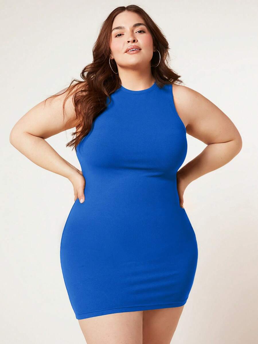 SHEIN BASICS Plus Solid Bodycon Dress - Royal Blue - View 1