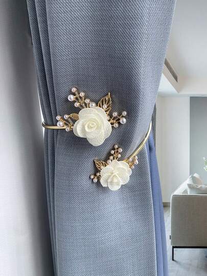 1pc Flower Shaped Faux Pearl Decor Curtain Ring, Zinc Alloy Curtain Decorative Tieback For Household