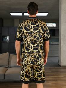 男士錬條圖案睡衣套裝 - 黑色 - 查看 2