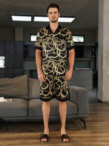 男士錬條圖案睡衣套裝 - 黑色 - 查看 4