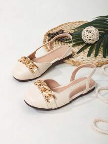 Preppy Slingback Flats For Girls, Cut Out Design Chain Decor Flats - Beige - View 1