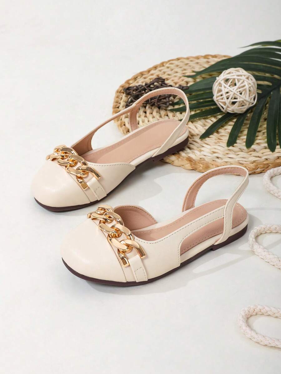 Preppy Slingback Flats For Girls, Cut Out Design Chain Decor Flats - Beige - View 1