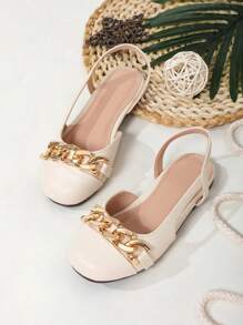 Preppy Slingback Flats For Girls, Cut Out Design Chain Decor Flats - Beige - View 4