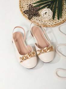 Preppy Slingback Flats For Girls, Cut Out Design Chain Decor Flats - Beige - View 5