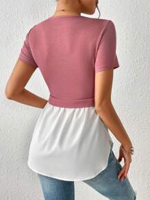 SHEIN Frenchy Áo thun nữ Viên lá sen Khối Màu Giải trí - Hồng - Xem 2