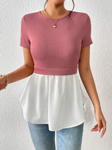 SHEIN Frenchy Áo thun nữ Viên lá sen Khối Màu Giải trí - Hồng - Xem 3