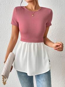 SHEIN Frenchy Áo thun nữ Viên lá sen Khối Màu Giải trí - Hồng - Xem 5