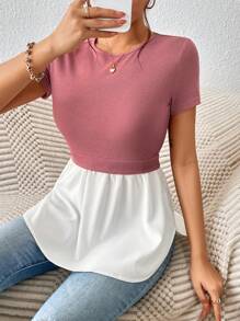 SHEIN Frenchy Áo thun nữ Viên lá sen Khối Màu Giải trí - Hồng - Xem 6