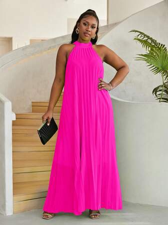 Astrid Plus Solid Pleated Halter Dress