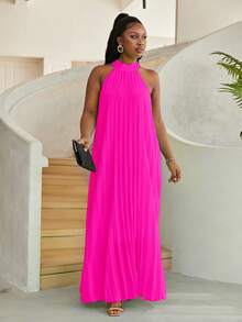 Astrid Vestido halter unicolor fruncido - Rosa Fucsia - Ver 3