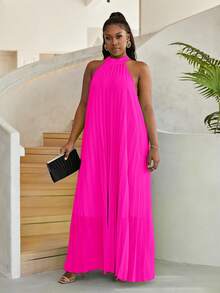Astrid Vestido halter unicolor fruncido - Rosa Fucsia - Ver 4