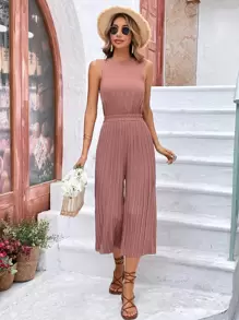 SHEIN Frenchy Solid Pleated Wide Leg Jumpsuit - Dusty Pink - View 4