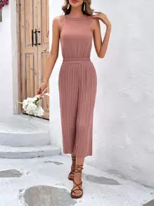 SHEIN Frenchy Solid Pleated Wide Leg Jumpsuit - Dusty Pink - View 6