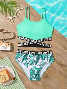 SHEIN 少女热带印花字母交叉胶带比基尼套装夏日海滩 - 彩色 - 查看 1