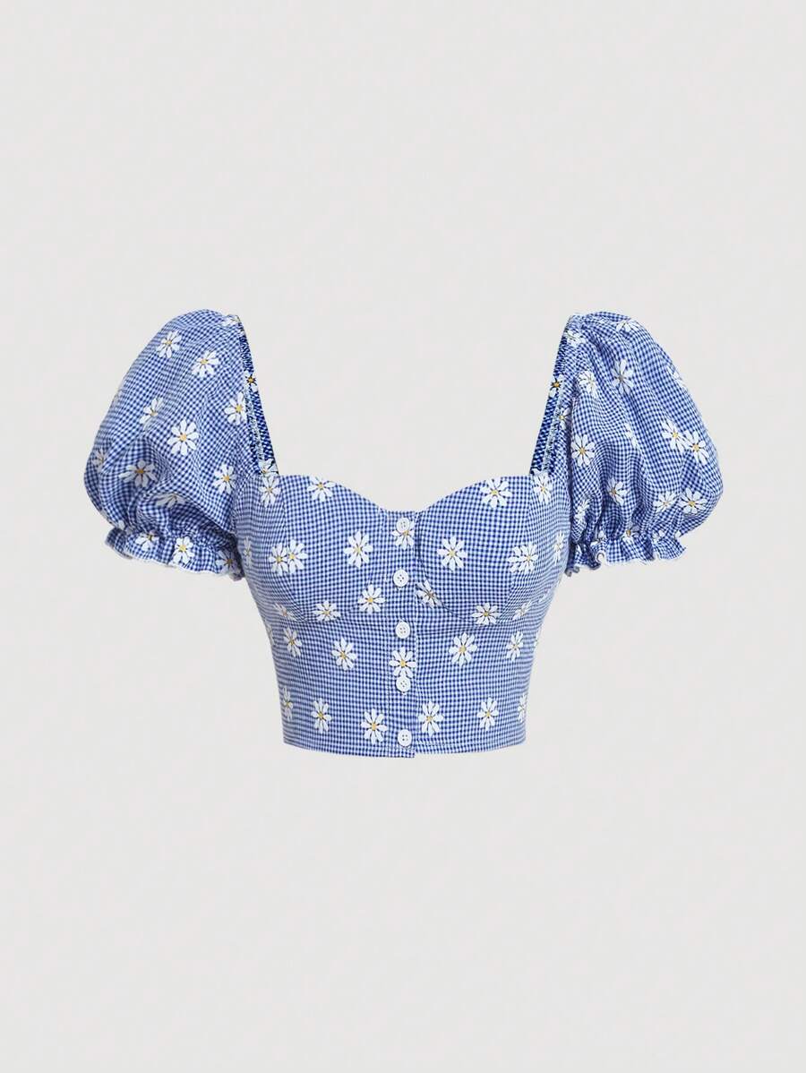 SHEIN MOD Blue And White Summer Gingham & Floral Print Sweetheart Neck Puff Sleeve Crop Blouse - Blue - View 1
