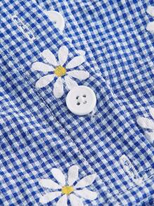 SHEIN MOD Blue And White Summer Gingham & Floral Print Sweetheart Neck Puff Sleeve Crop Blouse - Blue - View 4