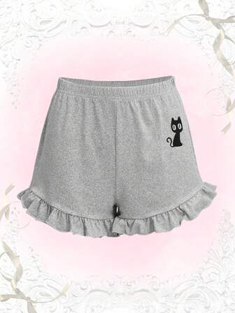 Shorts con ricamo gatto con volant