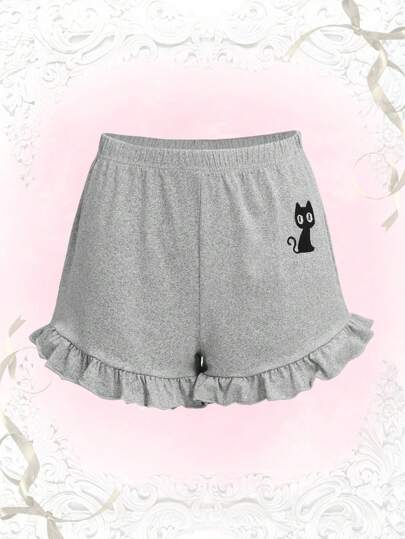 Shorts con ricamo gatto con volant