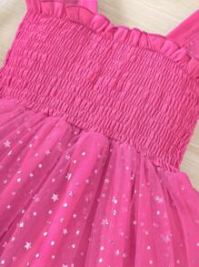 SHEIN Glamorique Kids Young Girl Star Mesh Overlay Ruffle Trim Dress