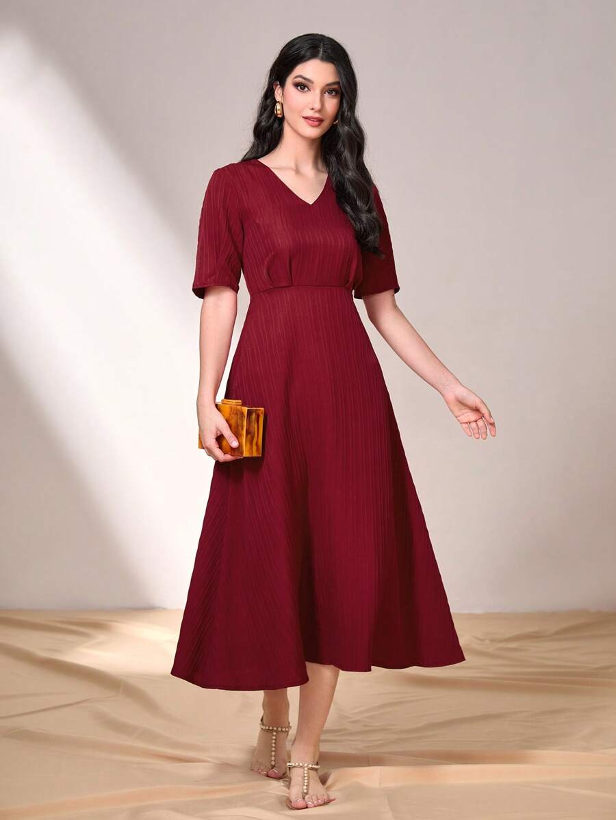 Mulvari Burgundy Red Solid V Neck A-Line Dress - Burgundy - View 1