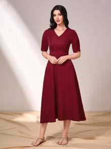 Mulvari Burgundy Red Solid V Neck A-Line Dress - Burgundy - View 3