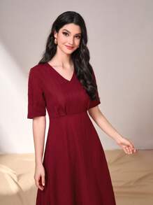 Mulvari Burgundy Red Solid V Neck A-Line Dress - Burgundy - View 4