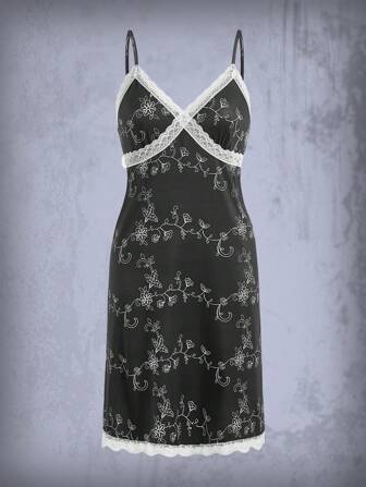 Floral Print Contrast Lace Cami Nightdress