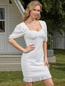 Eilly Bazar Đầm Viên lá sen Dây kéo màu trơn Giải trí - trắng - Xem 3