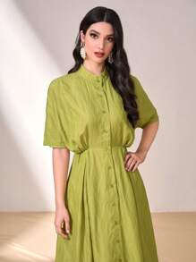 Modelyn Solid Button Front Shirt Dress - Olive Green - View 4